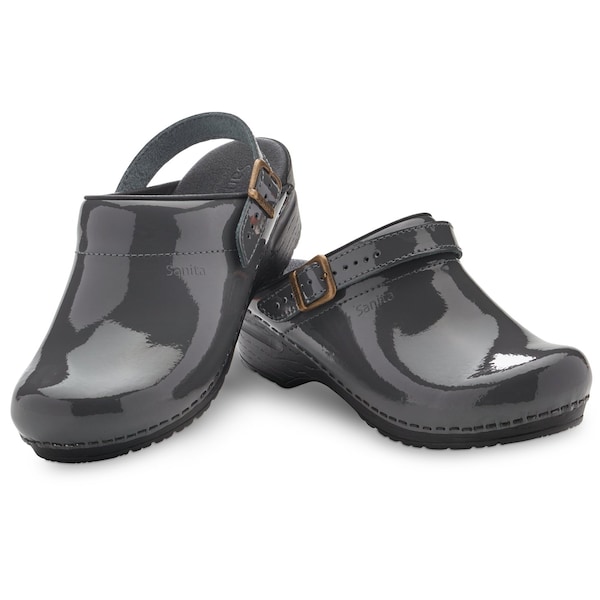 Women's Open Back Clog, Patent Leather Upper, Polyurethane Outsole, Steel, Size 5.5-6 M
